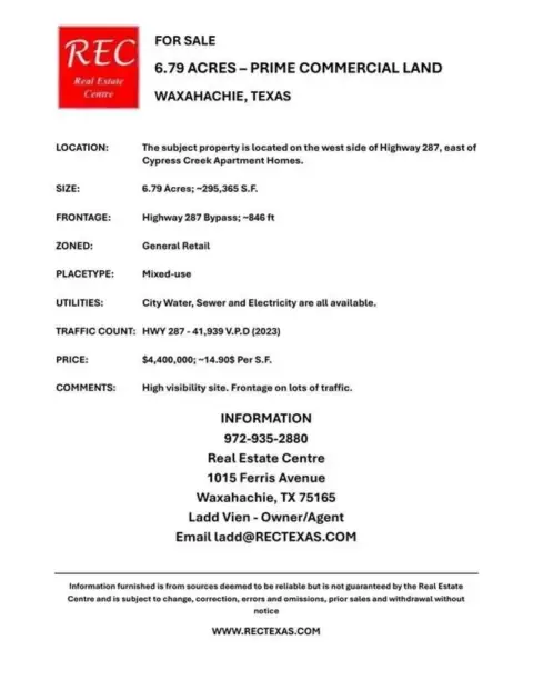 Waxahachie Land on Hwy 287